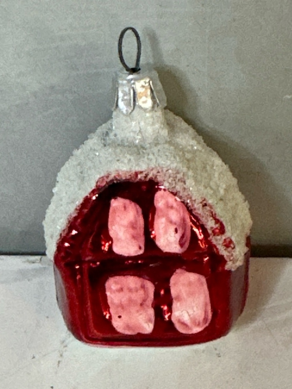 Vintage Blown Glass Christmas Tree Ornament Snow Covered Red House